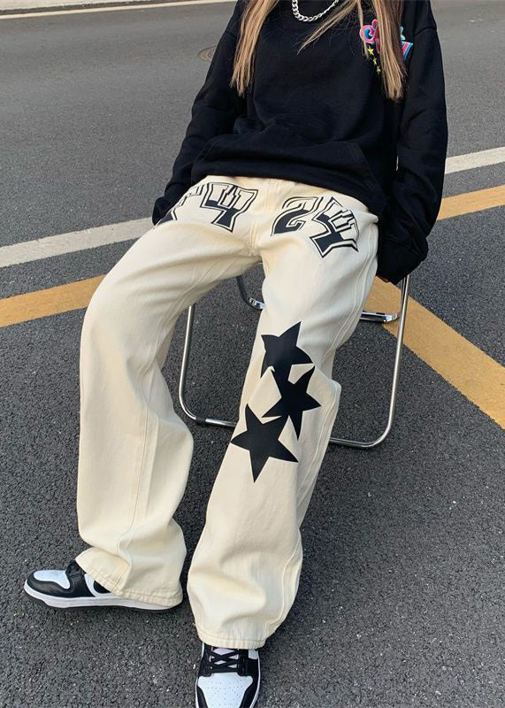 Original Beige Letter Five Pointed Star Print High Waist Denim Mens Pants Spring