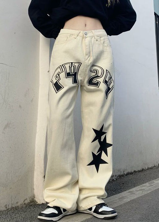 Original Beige Letter Five Pointed Star Print High Waist Denim Mens Pants Spring