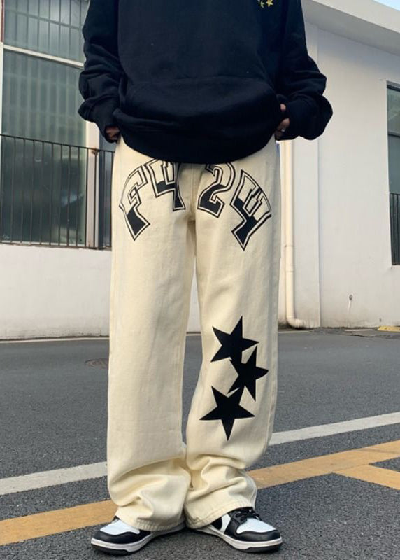 Original Beige Letter Five Pointed Star Print High Waist Denim Mens Pants Spring
