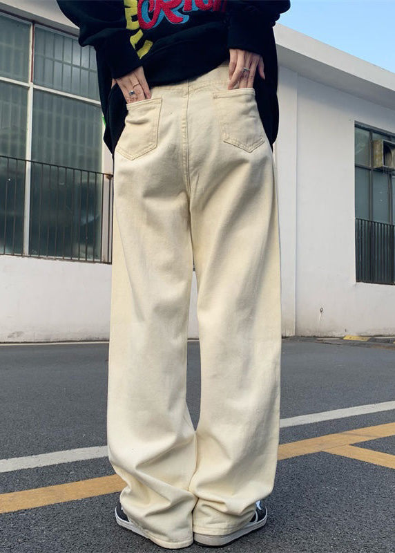 Original Beige Letter Five Pointed Star Print High Waist Denim Mens Pants Spring