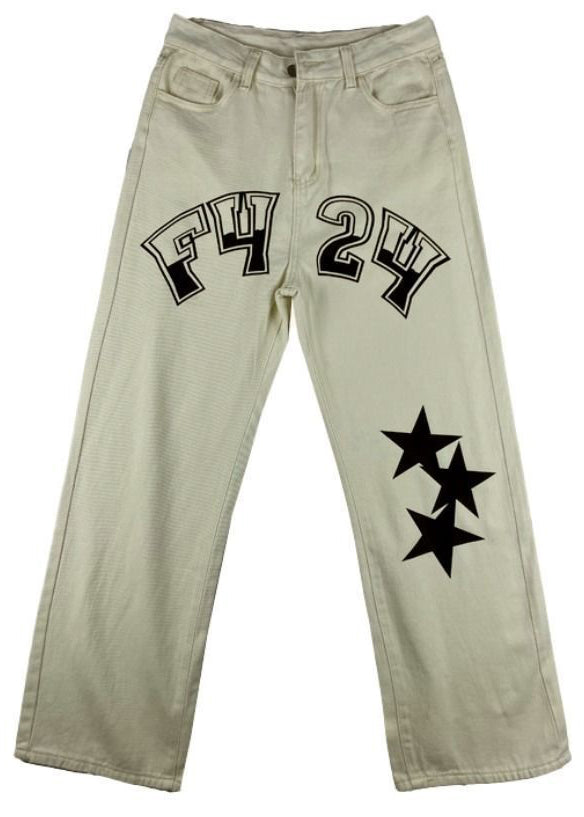Original Beige Letter Five Pointed Star Print High Waist Denim Mens Pants Spring