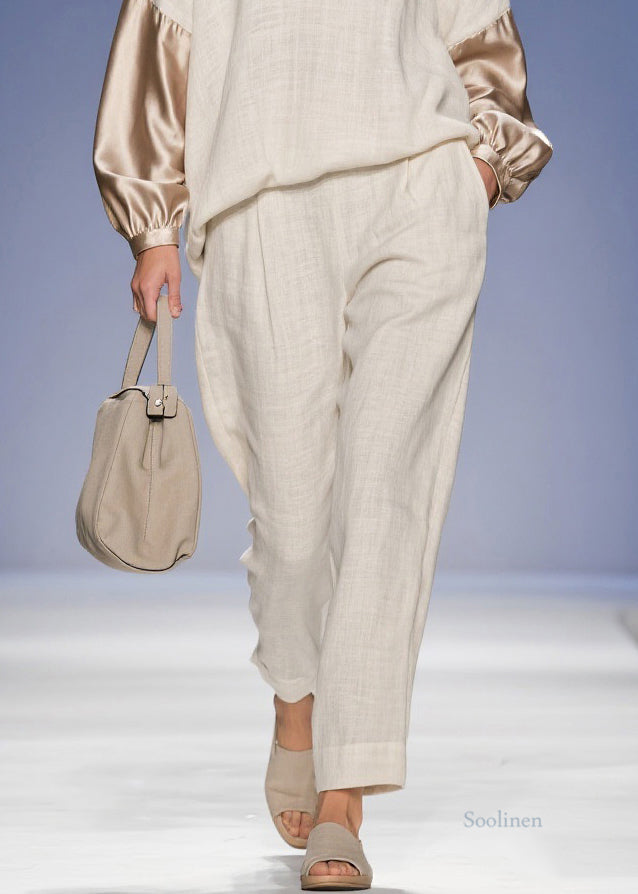 Original Beige V Neck Pockets Silk Patchwork Two Piece Set Spring