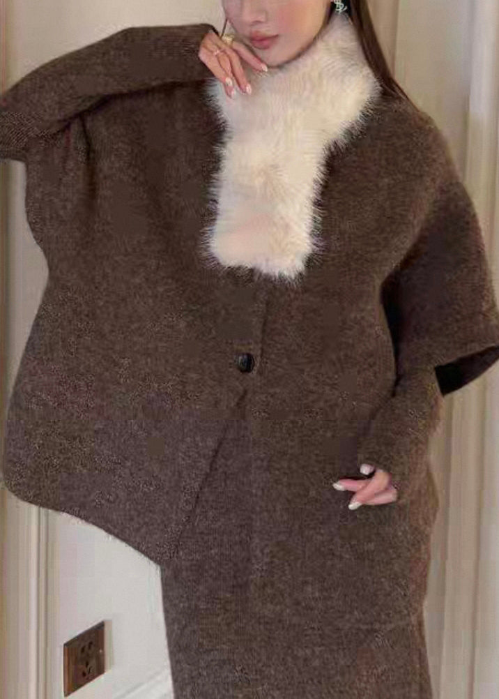 Original Coffee Fur Collar Solid Knit Three Piece Set Batwing Sleeve
