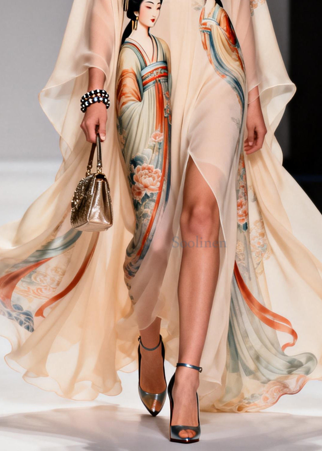 Original Design Apricot Peter Pan Collar Print Chiffon Maxi Dresses Summer