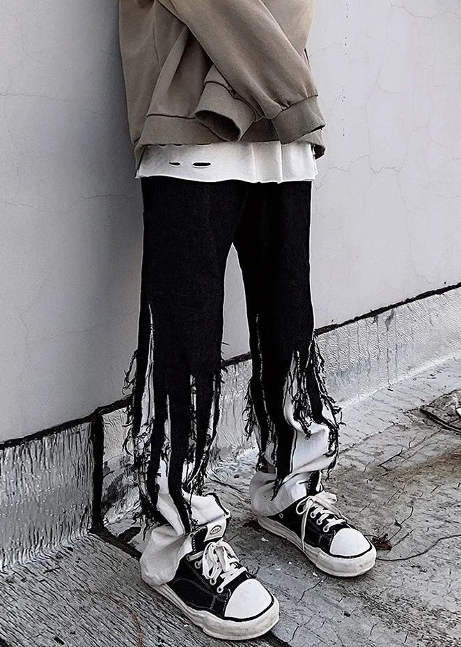 Original Design Black Tasseled Elastic Waist Denim Mens Pants Spring