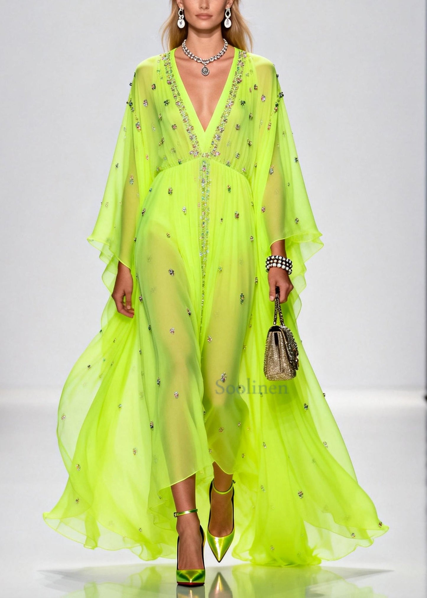 Original Design Fluorescent Green Rhinestone Exra Large Hem Chiffon Party Dresses Summer