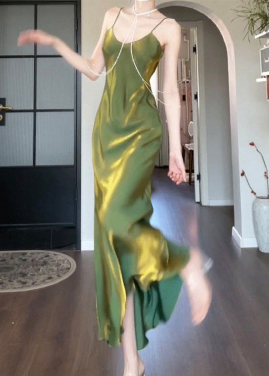 Original Design Green U Neck Solid Silk Long Spaghetti Strap Sundress Sleeveless