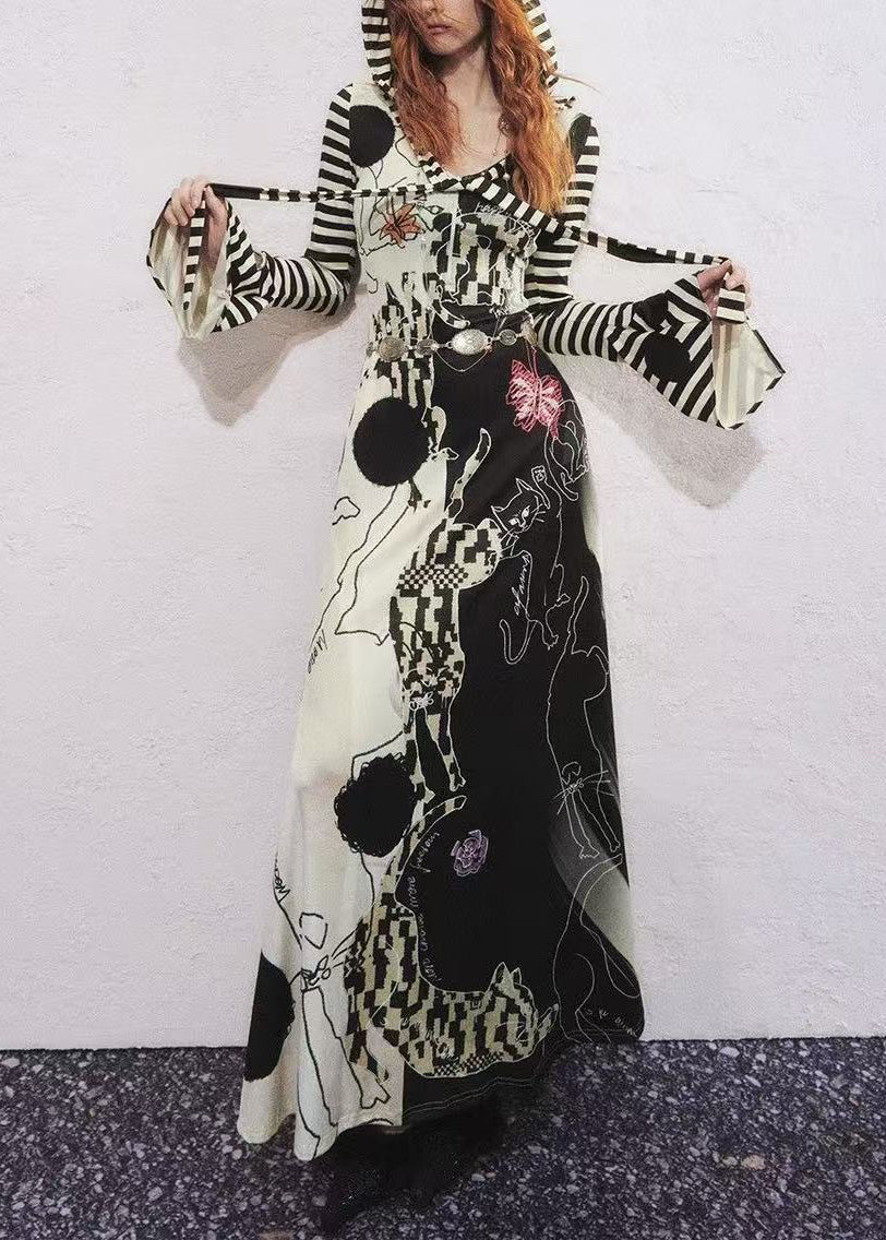 Original Design Hooded Print Cotton Dress Flare Sleeve