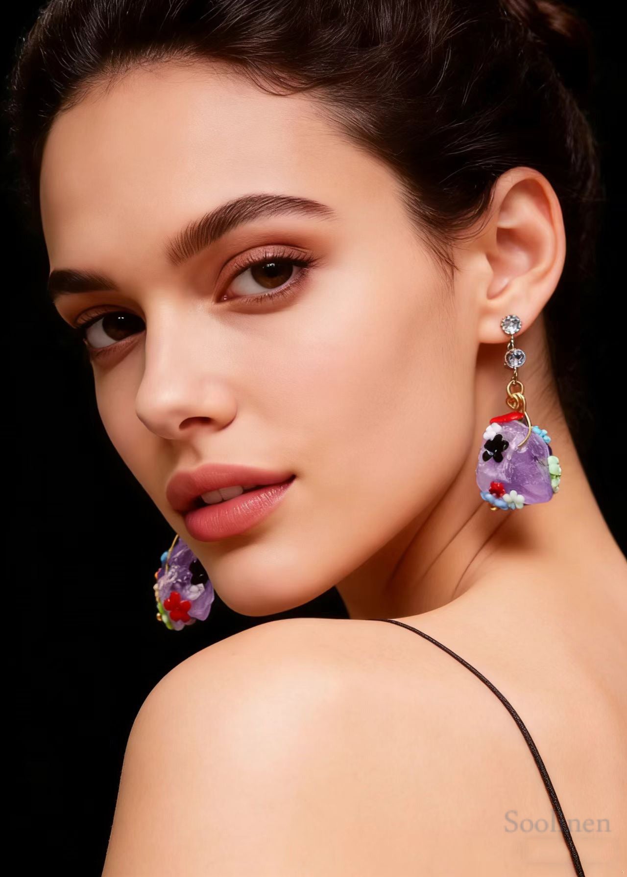 Original Design Naturally Purple Jade Multicolour Flowers Drop Earrings