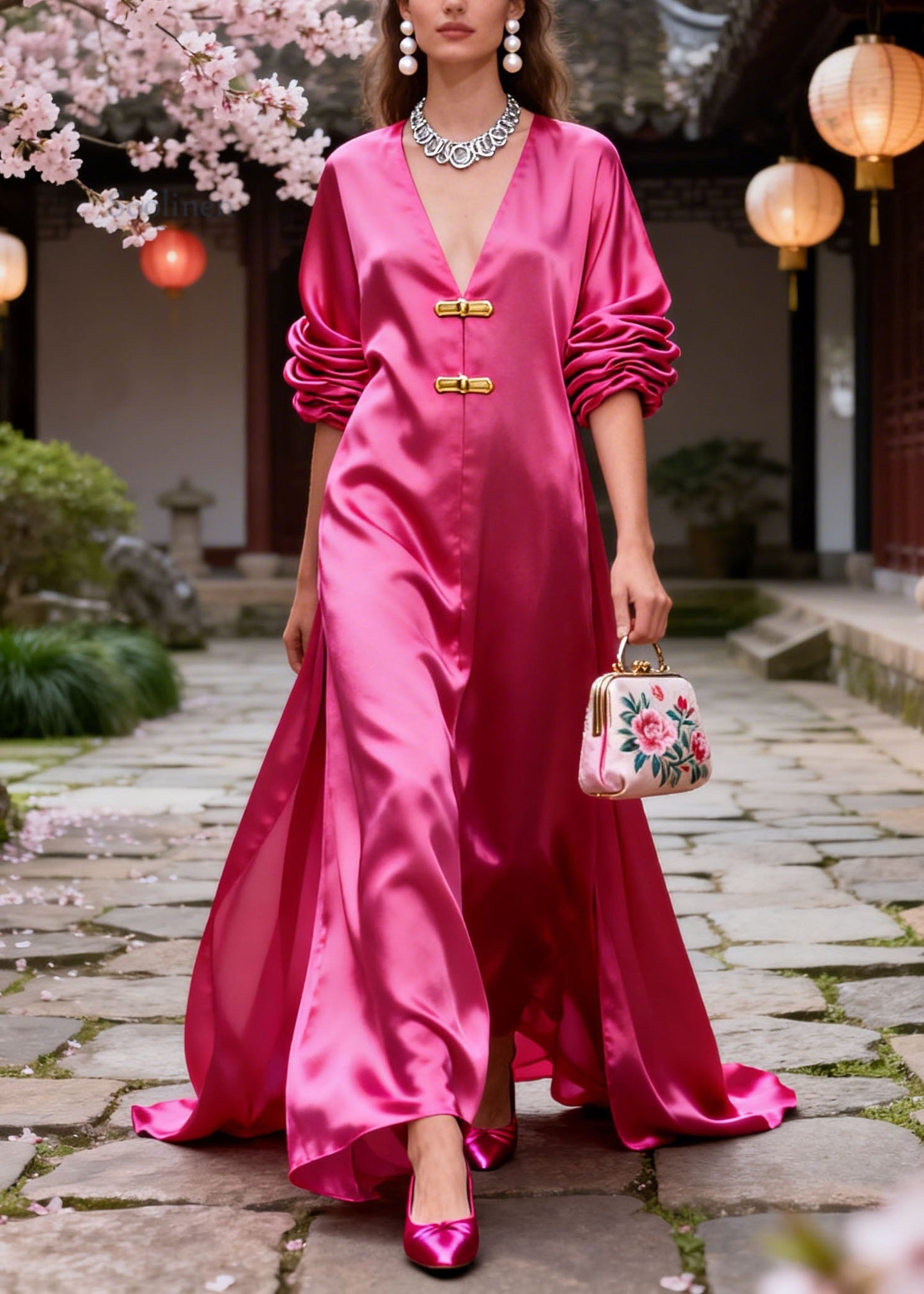 Original Design Rose V Neck Silk Long Dresses Summer