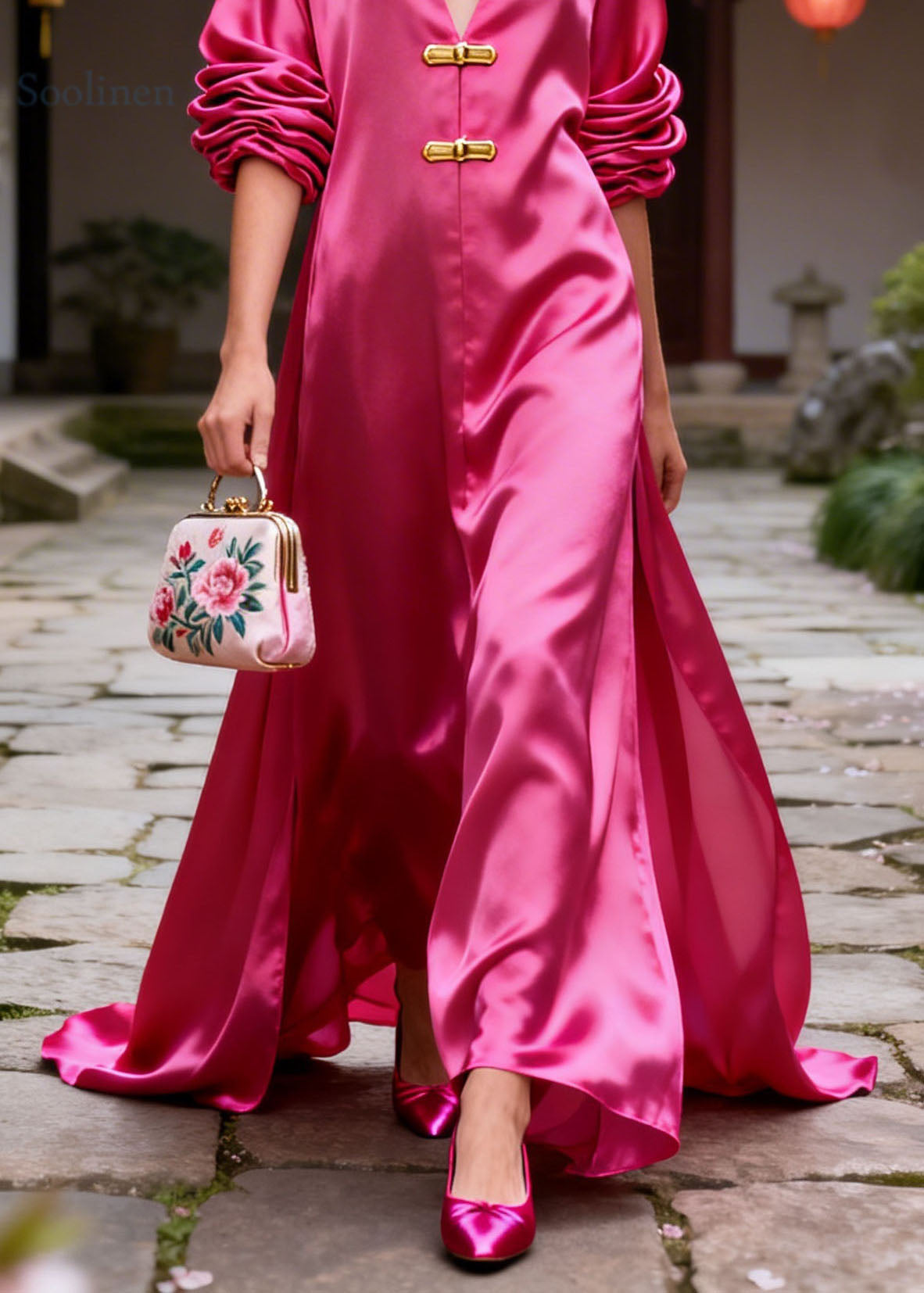 Original Design Rose V Neck Silk Long Dresses Summer