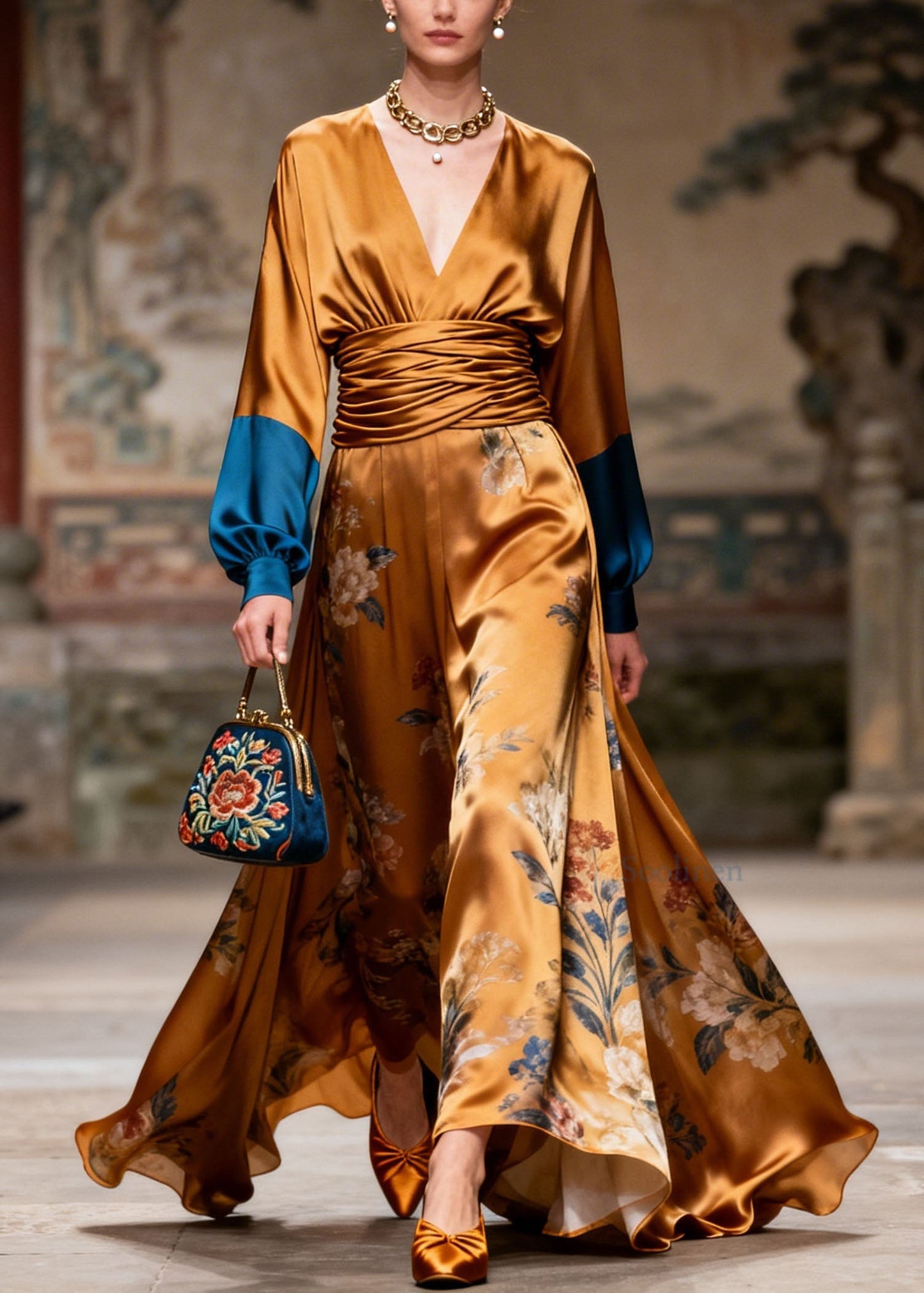 Original Design V Neck Print Patchwork Silk Long Dress