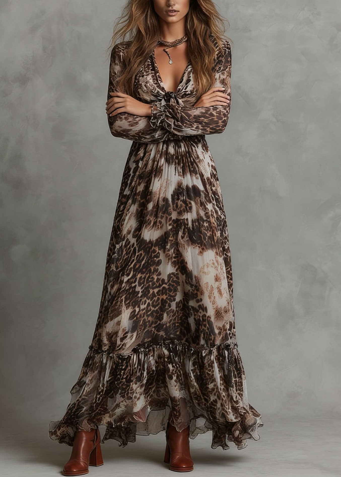 Original Design V Neck Ruffled Print Chiffon Dresses Summer