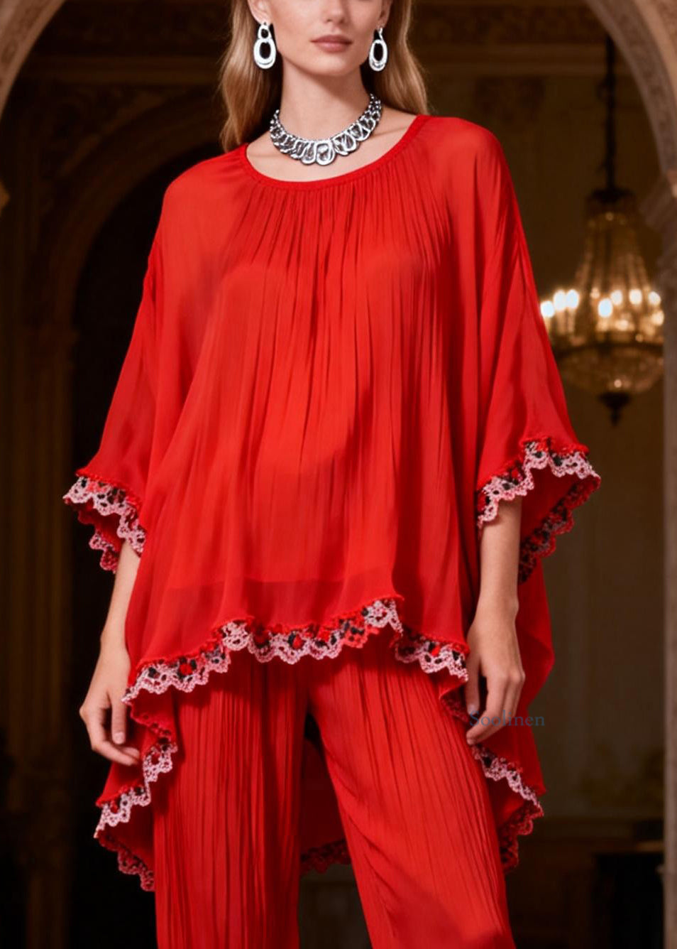 Original Red Low High Design Lace Patchwork Two Pieces Set Bracelet Sleeve