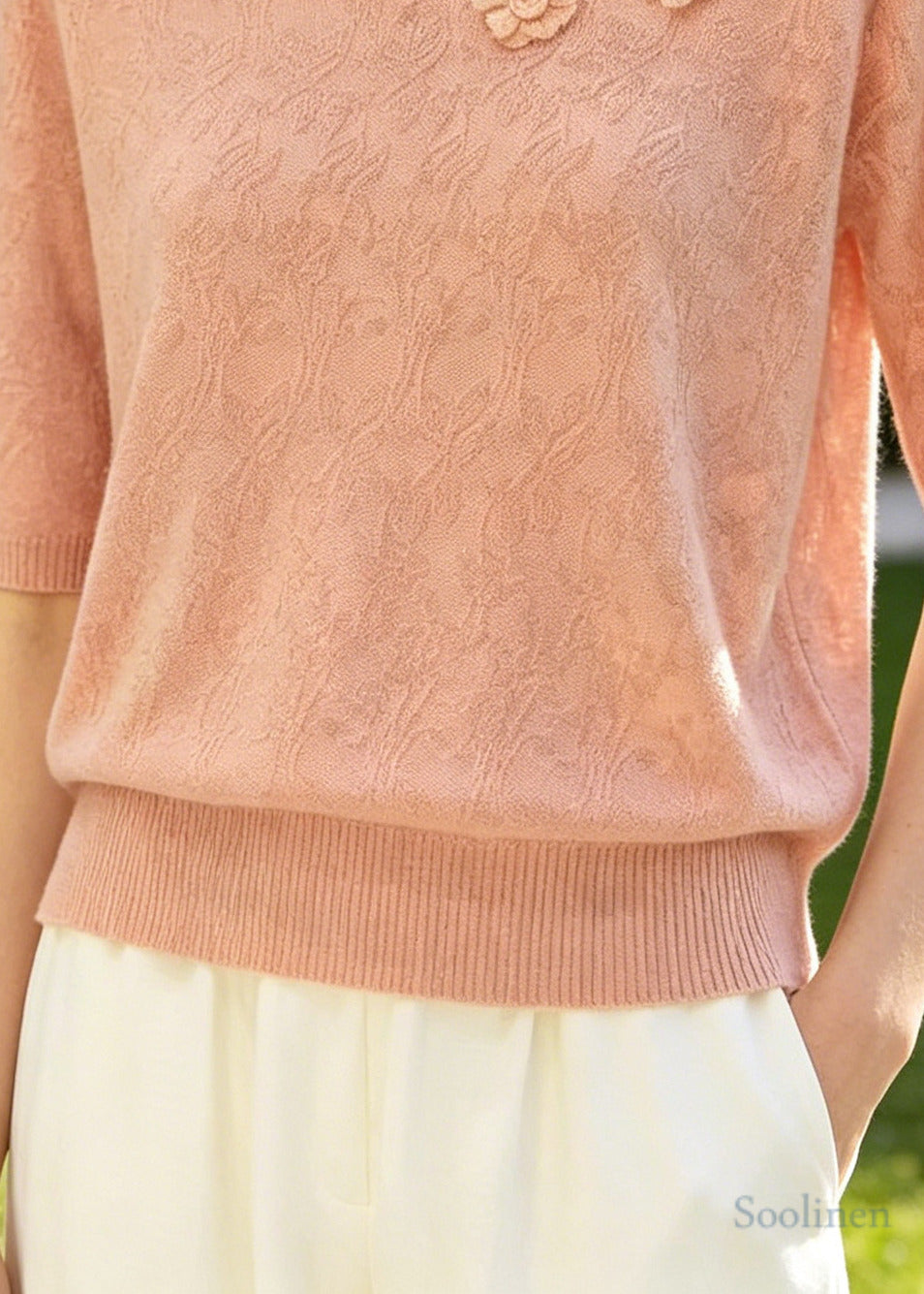 Pink Jacquard Knit Shirt Top Stereoscopic Floral Summer