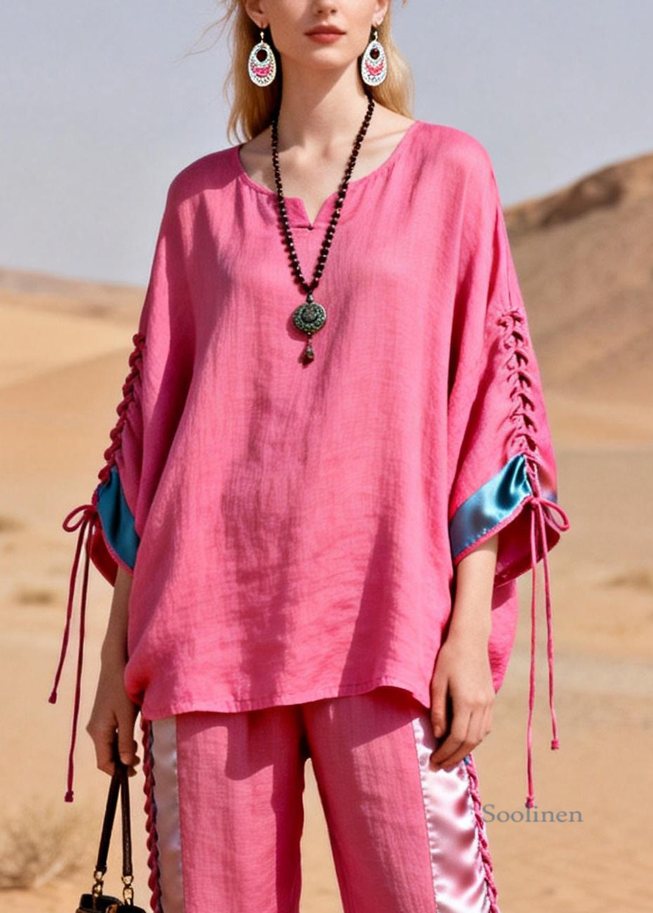 Pink Shirts And Crop Pants Silk Patchwork Two Piece Set Cinched Summer