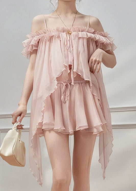 Conjunto de dos piezas de top de chifón con lazo rosa y falda con volantes para verano