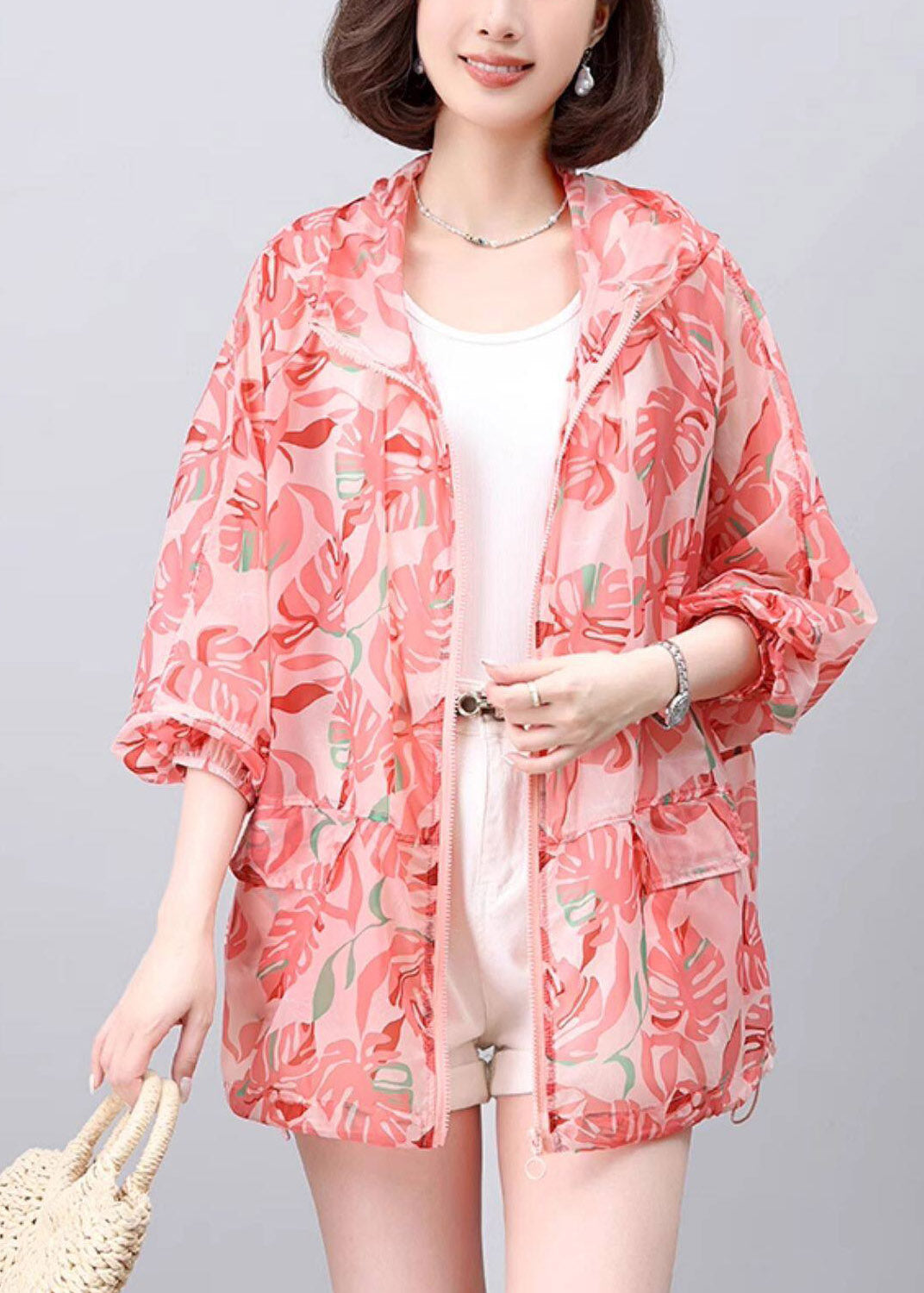 Pink Zippered Hoodie UPF 50+ Coat Jacket Lantern Sleeve