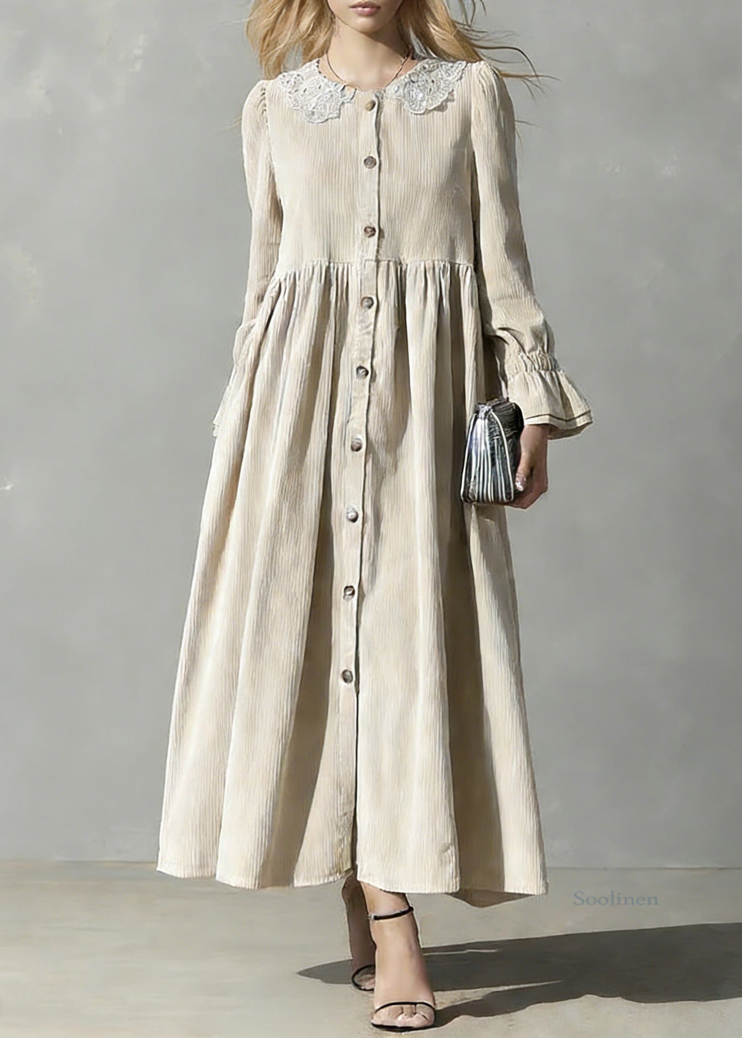 Plus Size Apricot Peter Pan Collar Button Corduroy Blouses Dresses Spring