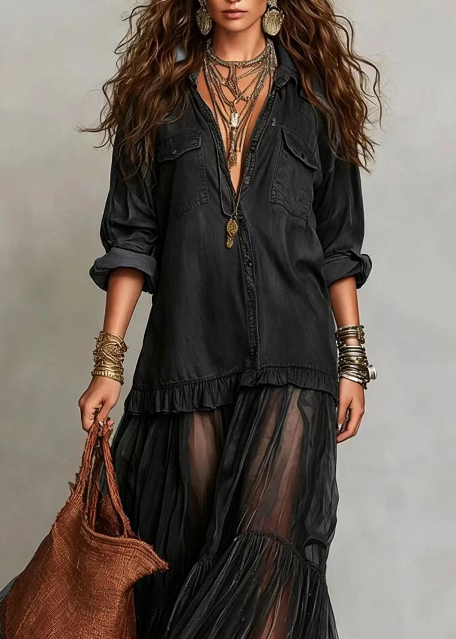 Plus Size Black Peter Pan Collar Patchwork Denim Dress Summer