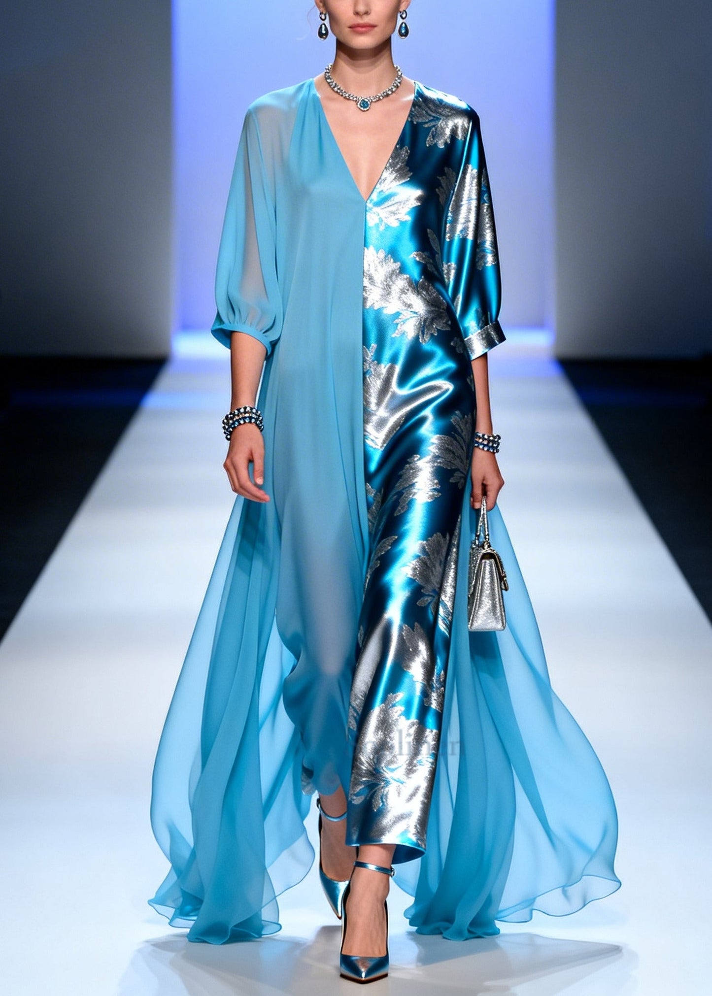 Plus Size Blue Asymmetrical Patchwork Chiffon Party Dress Summer