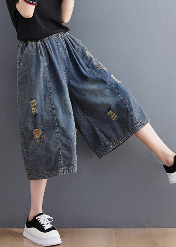 Plus Size Blue Embroidered Hole Crop Jeans