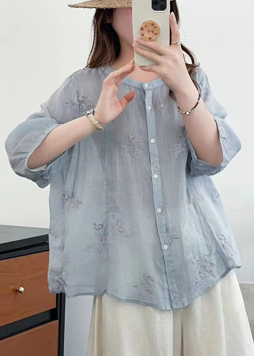 Plus Size Blue O-Neck Embroidered Linen Shirts Summer