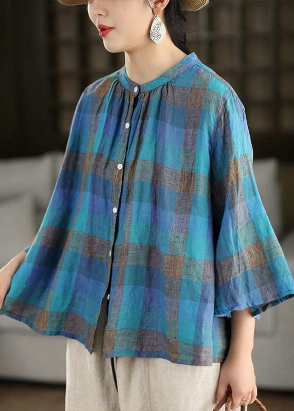 Plus Size Blue O Neck Plaid Linen Top Flare Sleeve