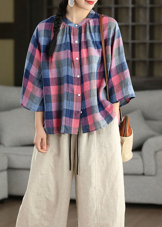 Plus Size Blue O Neck Plaid Linen Top Flare Sleeve