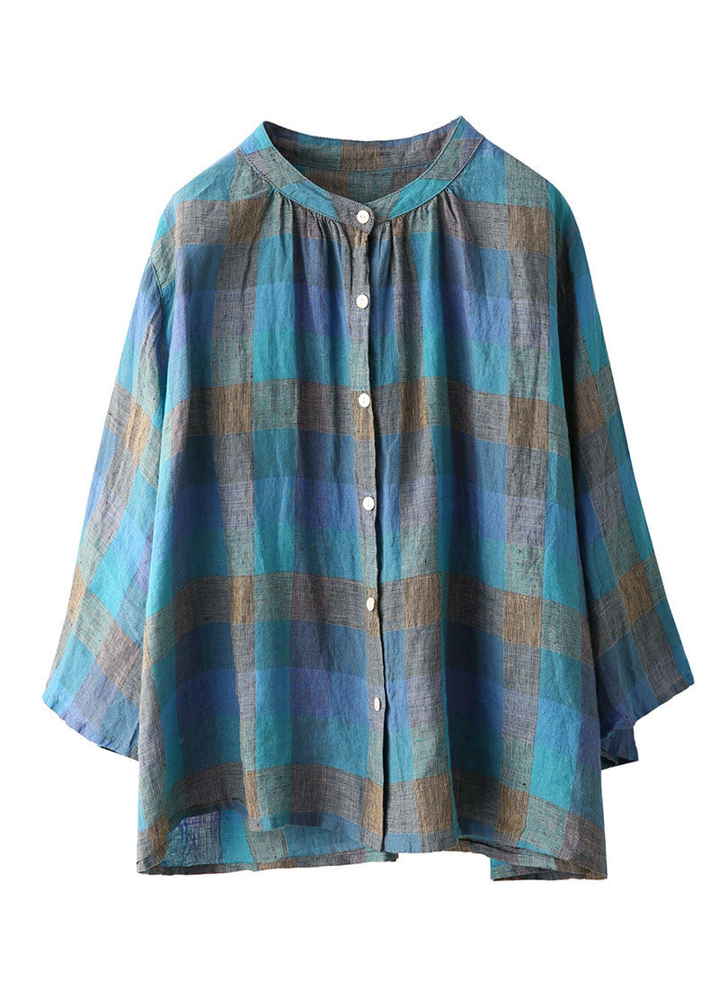 Plus Size Blue O Neck Plaid Linen Top Flare Sleeve