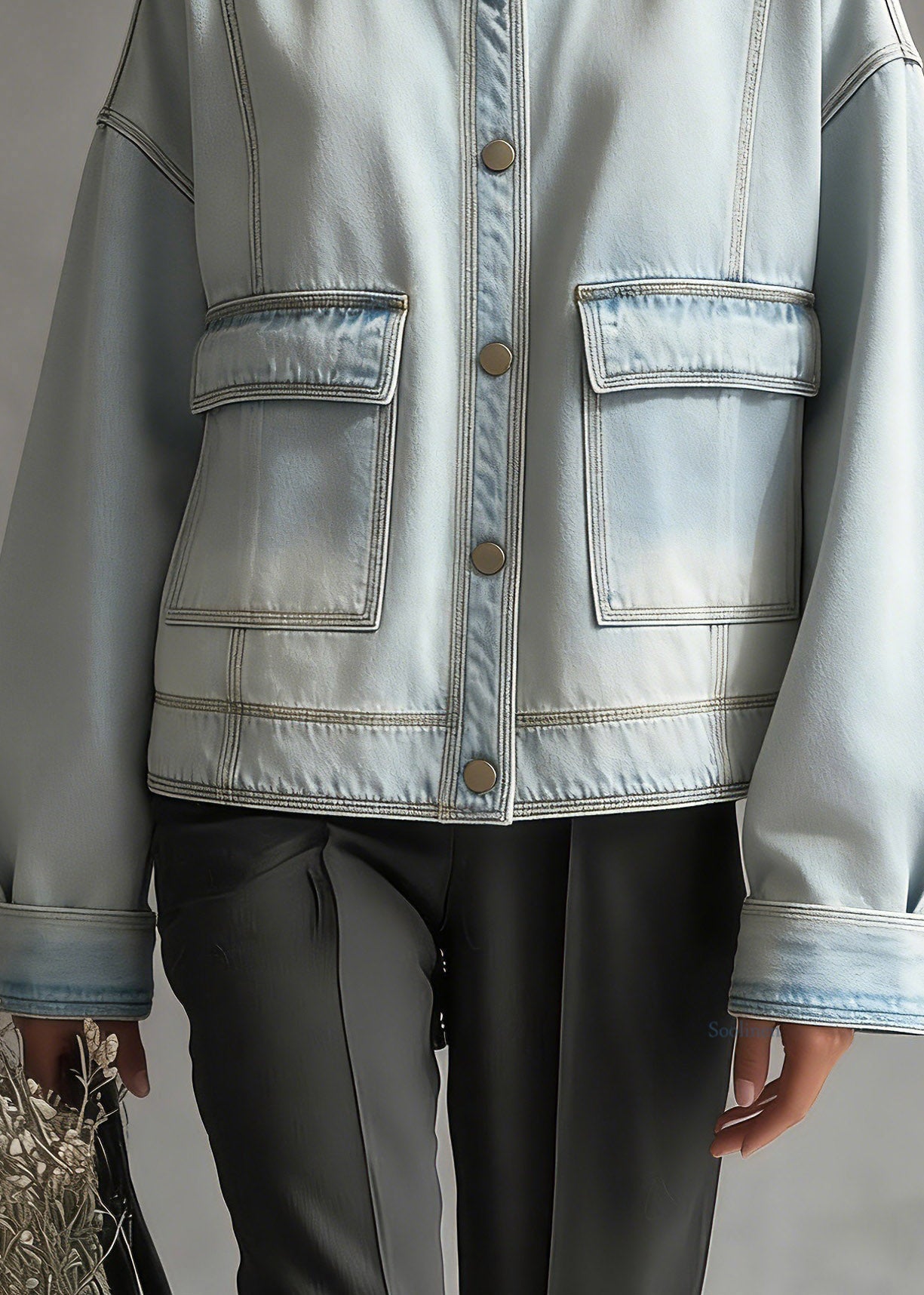 Plus Size Blue O-Neck Pockets Denim Coat Long Sleeve
