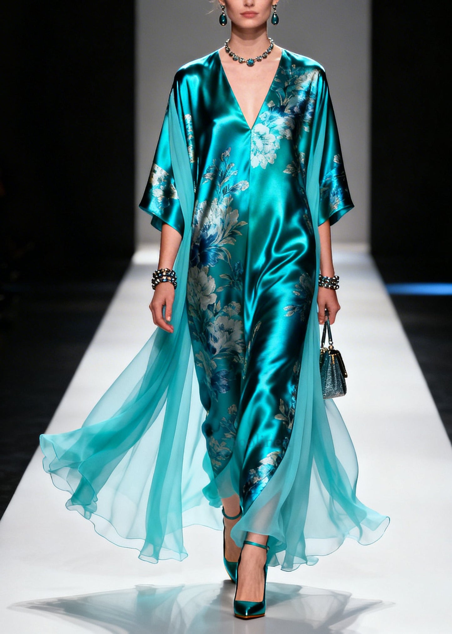 Plus Size Blue Oversized Patchwork Print Silk Holiday Dress Summer