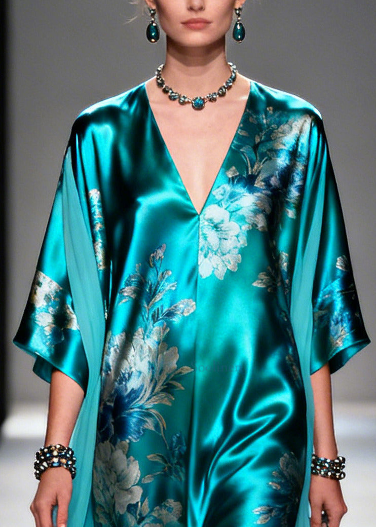 Plus Size Blue Oversized Patchwork Print Silk Holiday Dress Summer