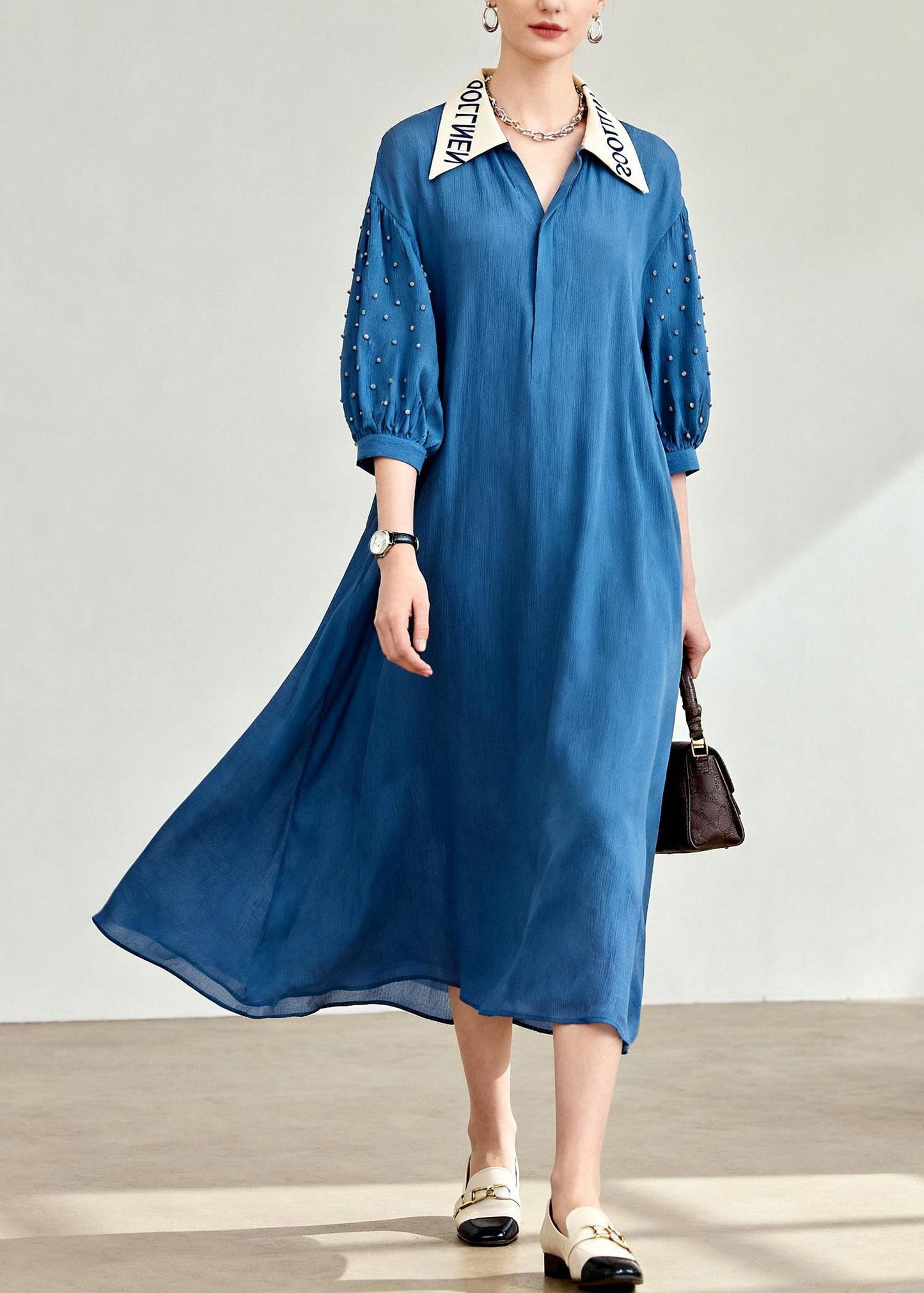 Plus Size Blue Peter Pan Collar Patchwork Long Dress Lanter Sleeve