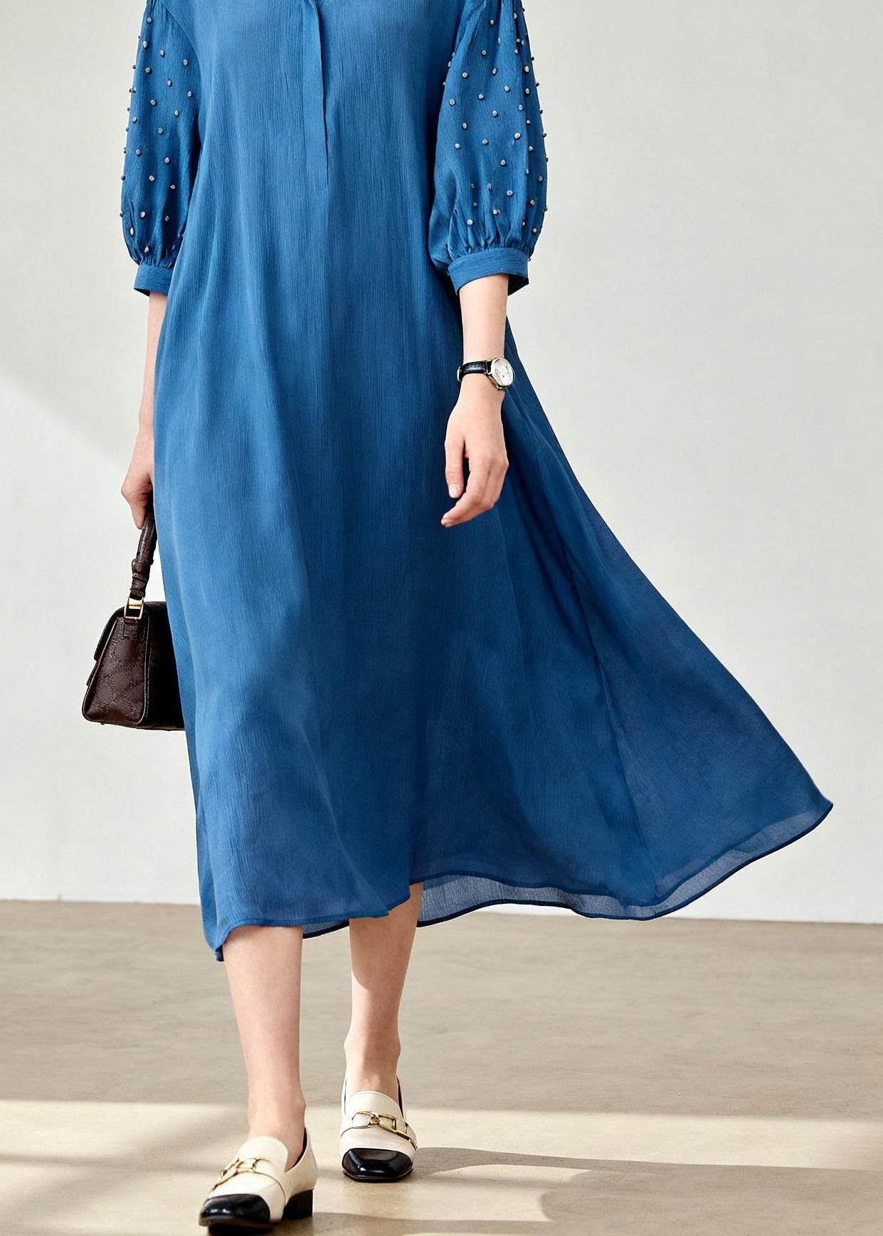 Plus Size Blue Peter Pan Collar Patchwork Long Dress Lanter Sleeve