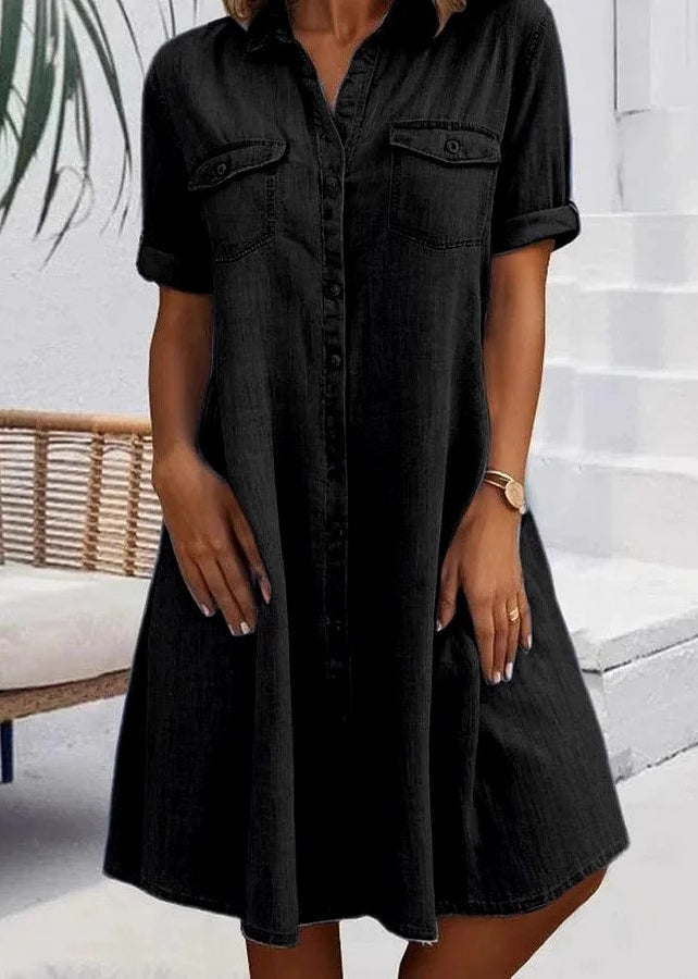 Plus Size Blue Peter Pan Collar Pockets Patchwork Denim Dresses Summer