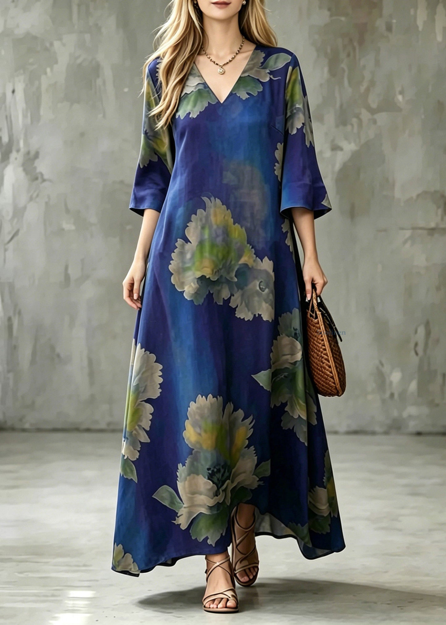 Plus Size Blue V Neck Patchwork Maxi Dress Half Sleeve