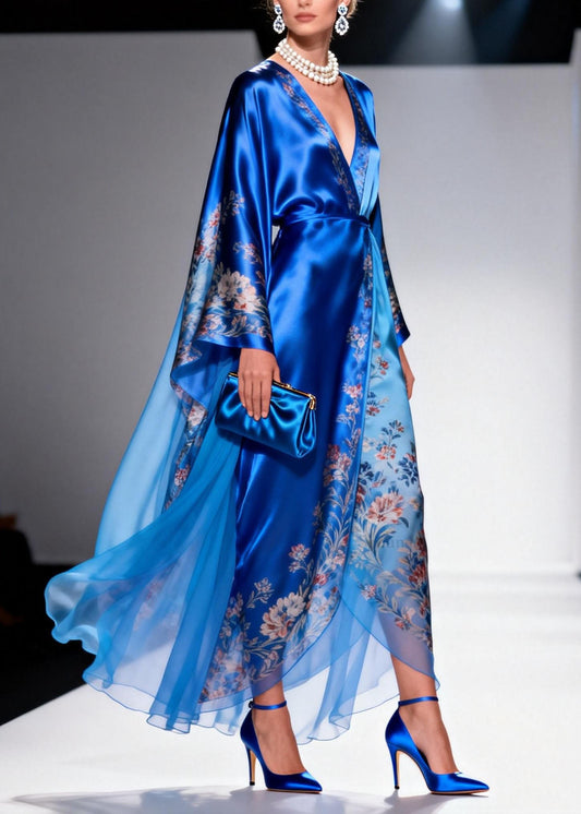 Plus Size Blue V Neck Print Patchwork Chiffon Dress Spring