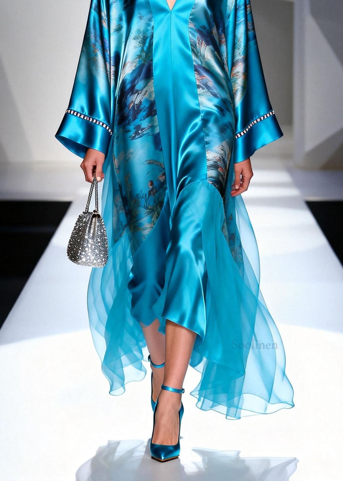 Plus Size Blue V Neck Print Zircon Silk Long Dress Spring