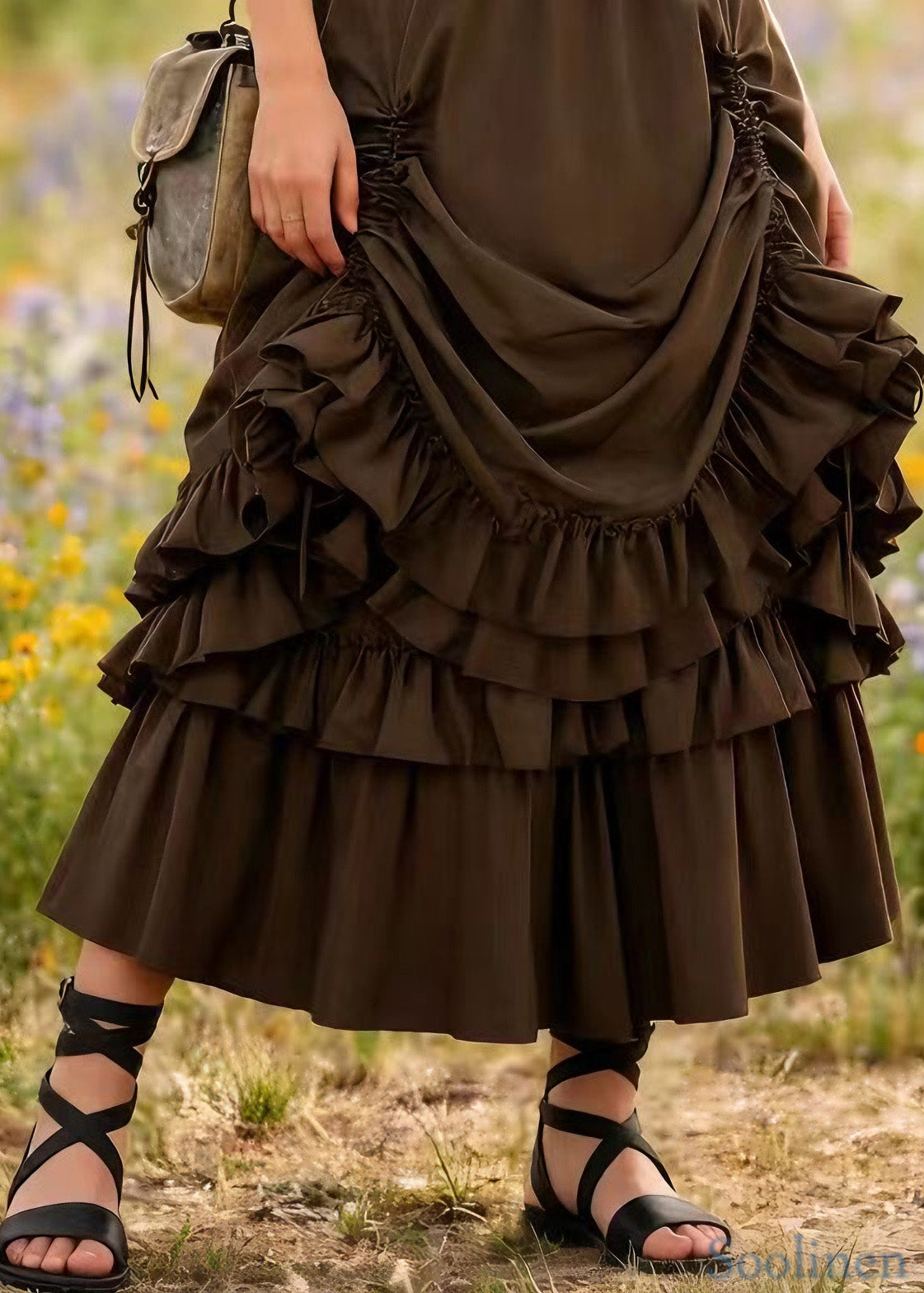 Plus Size Brown Drawstring Ruffled Patchwork Cotton Skirt Spring