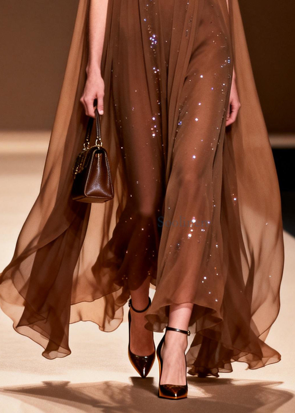 Plus Size Choaolate Oversized Rhinestone Chiffon Maxi Dresses Sleeveless