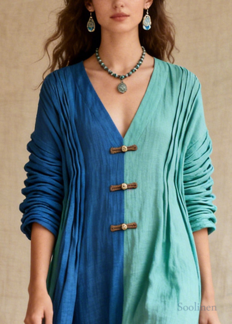 Plus Size Colorblock Asymmetrical Patchwork Chinese Button Cotton Vacation Dress Long Sleeve