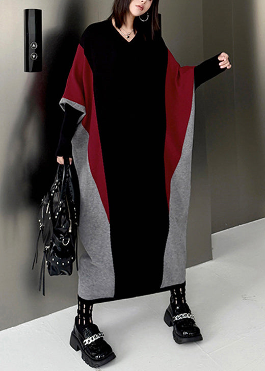 Plus Size Colorblock V Neck Patchwork Knitwear Dress Batwing Sleeve