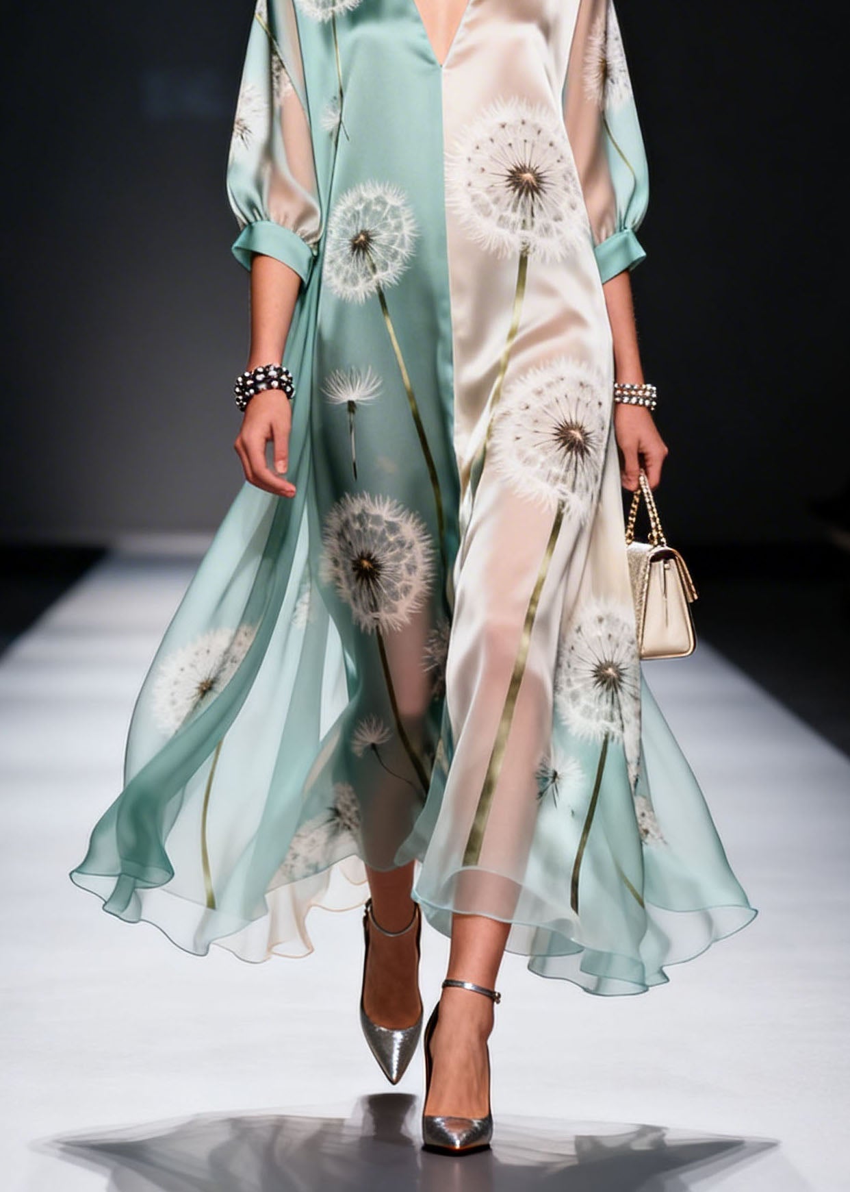 Plus Size Colorblock V Neck Print Chiffon Maxi Dresses Summer