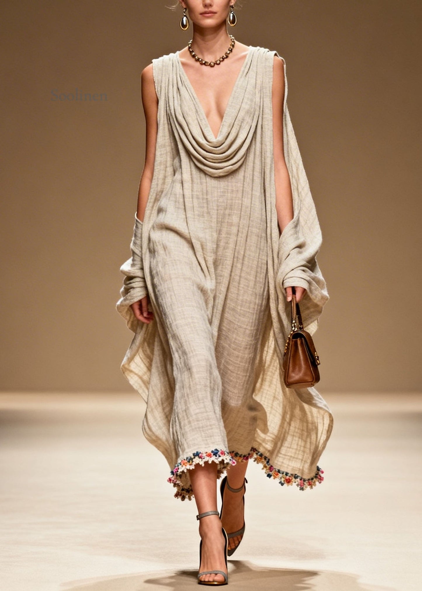 Plus Size Draped Neckline Floral Patchwork Linen Dress Summer