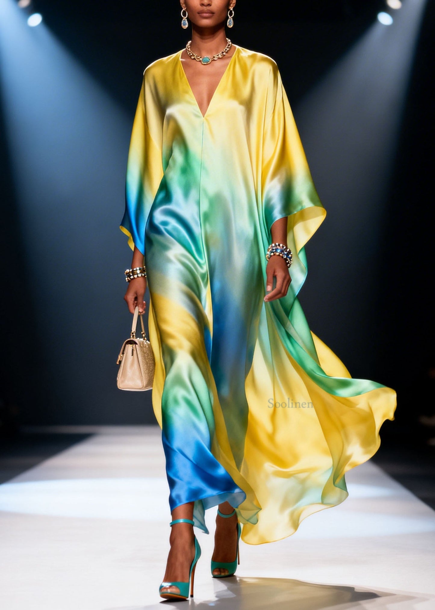 Plus Size Gradient Color V Neck Chiffon Vacation Dresses Spring