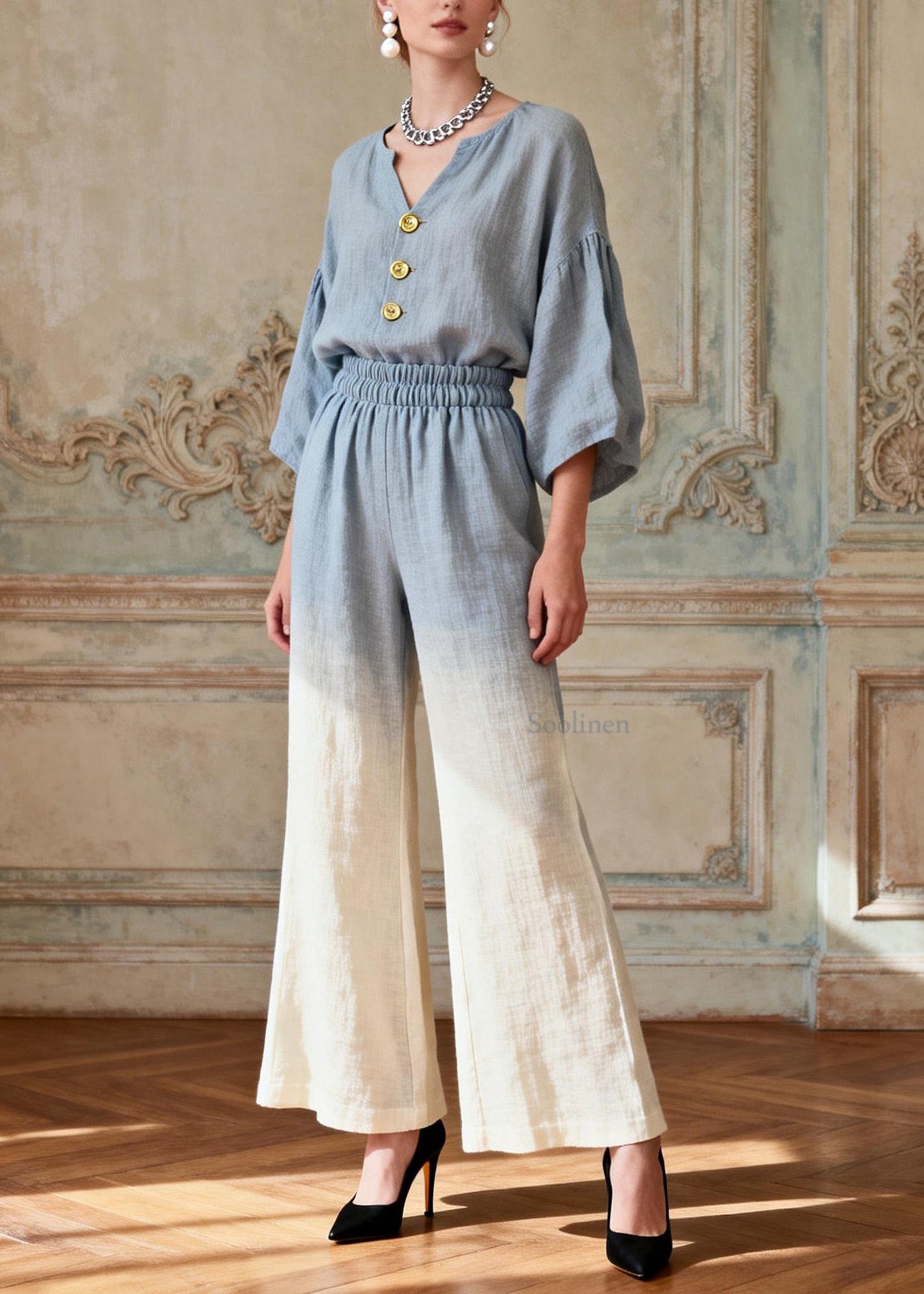 Plus Size Gradient Color V Neck Patchwork Linen Two Pieces Set Summer