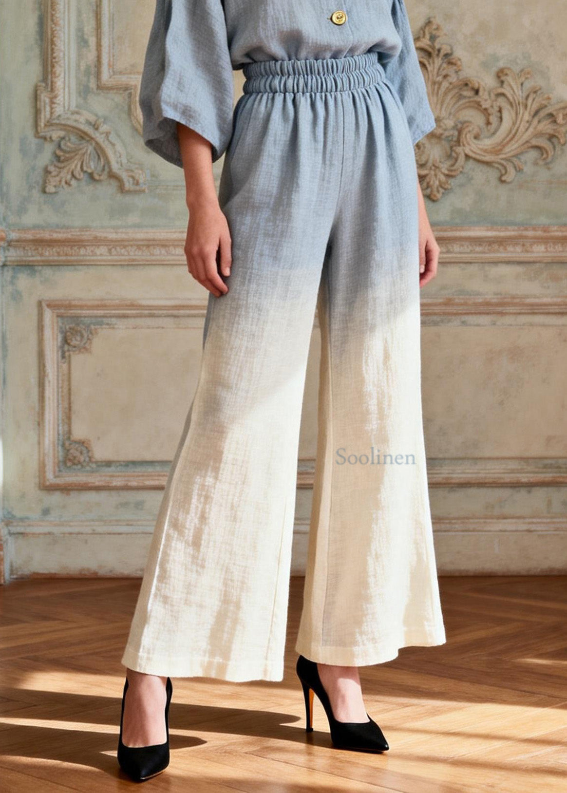 Plus Size Gradient Color V Neck Patchwork Linen Two Pieces Set Summer