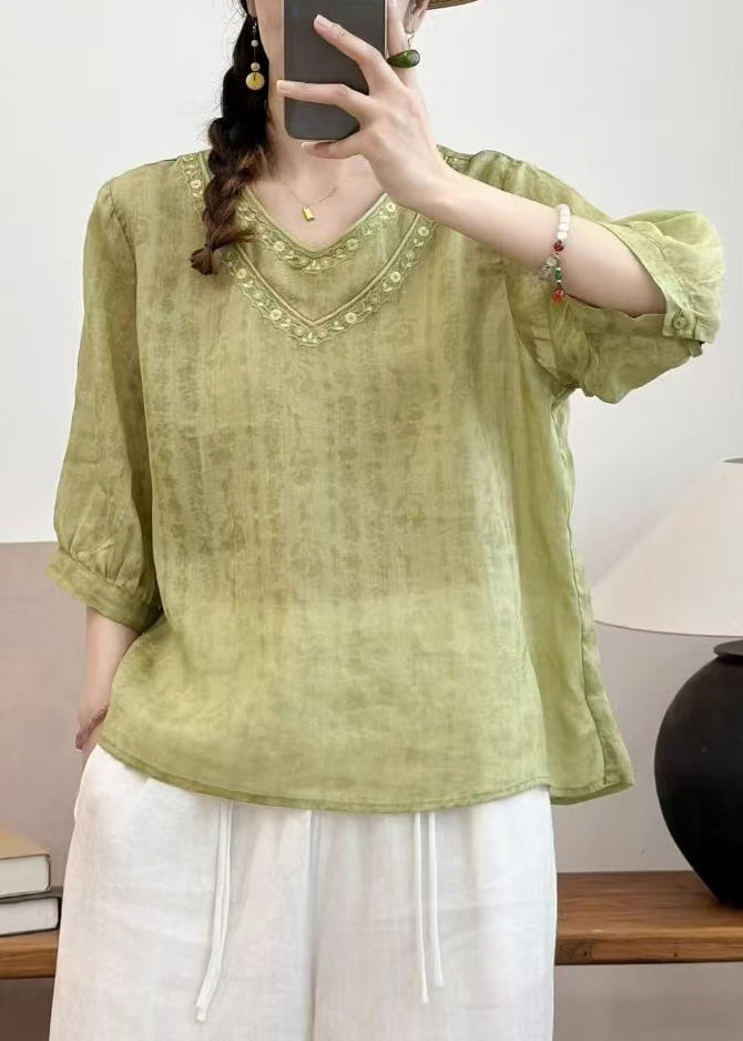 Plus Size Grass Green Embroidered Linen Top Half Sleeve