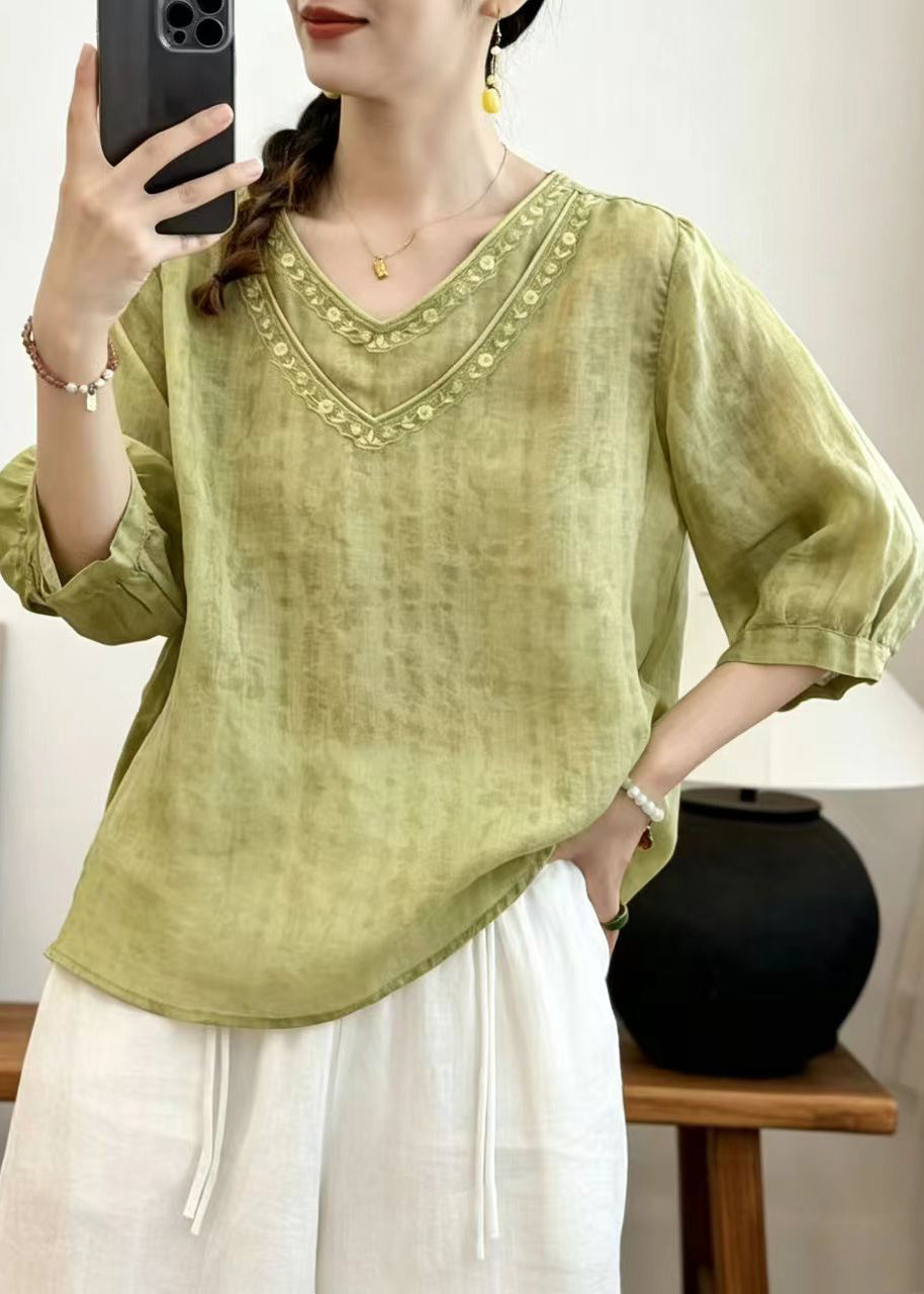 Plus Size Grass Green Embroidered Linen Top Half Sleeve